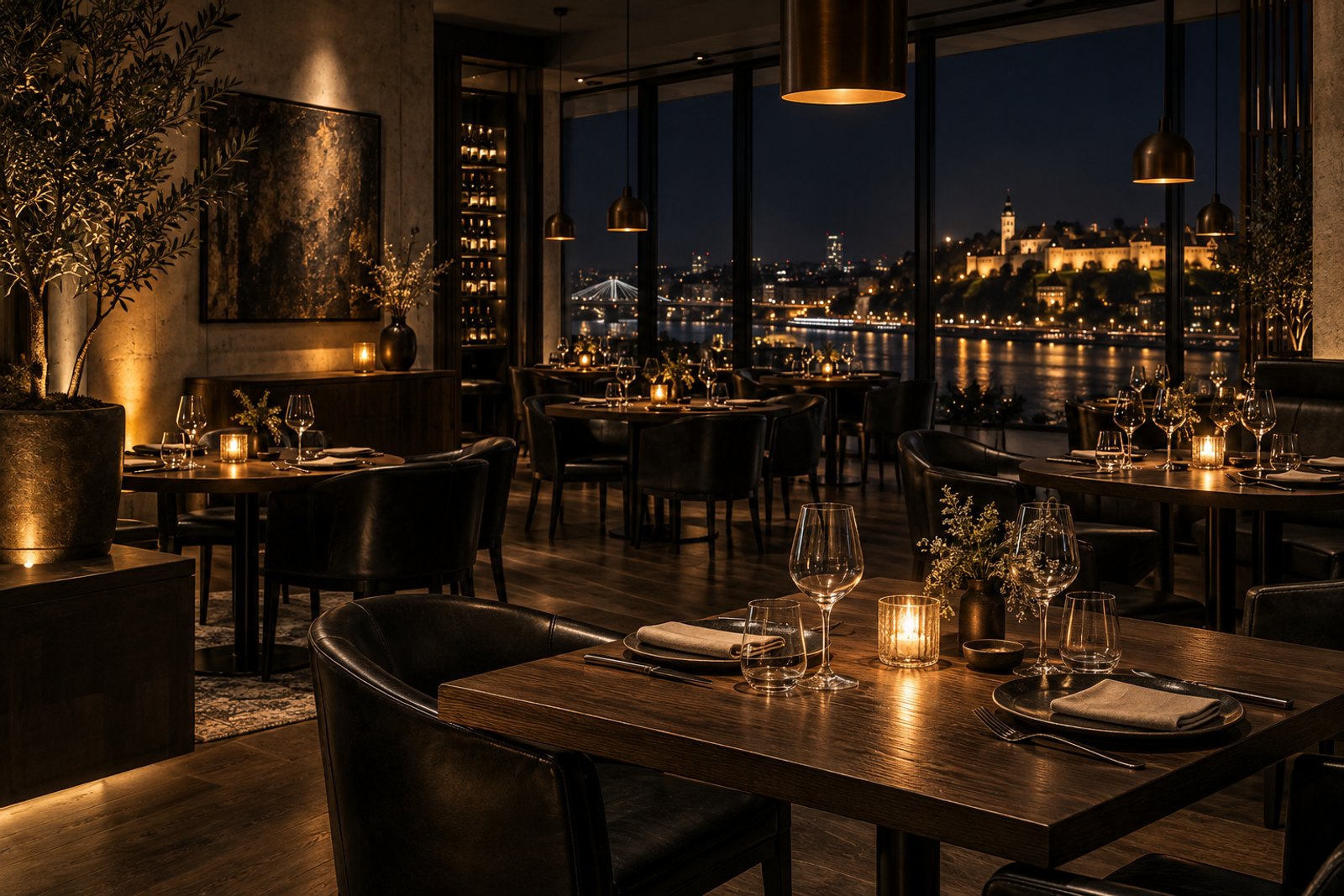 An intimate modern restaurant with dark oak tables and warm pendant lighting